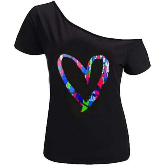Plus Size Off Shoulder Lips Print T Shirt Casual Short Sleeve Slouchy Top - Picture 1 of 8